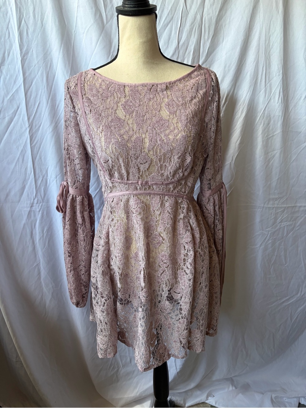 Free People Dusty Pink Lace Long-Sleeve Mini Dress